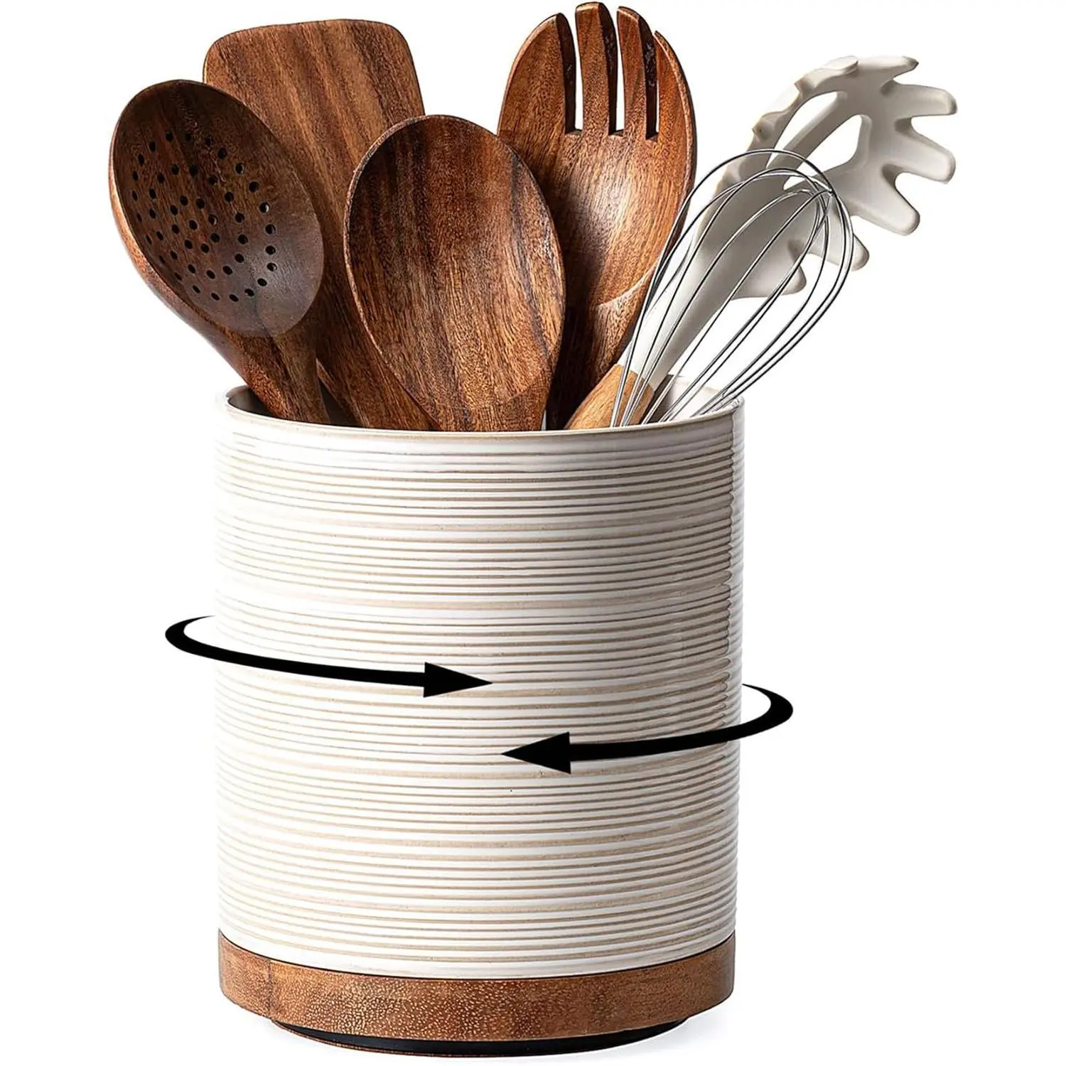 360 °   Rotating Extra Large Ceramic Kitchen Utensil Holder for Countertop, 7.3 Inch Cooking Utensil Crock with Rotatable Wooden Base, Farmhouse Kitchen Decor, Arctic White