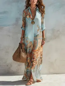 Casual Random Print Notched Neck Button Long Slim Fit Dress, Women's Fashionable Evening Wear, Elegant and Comfortable Design