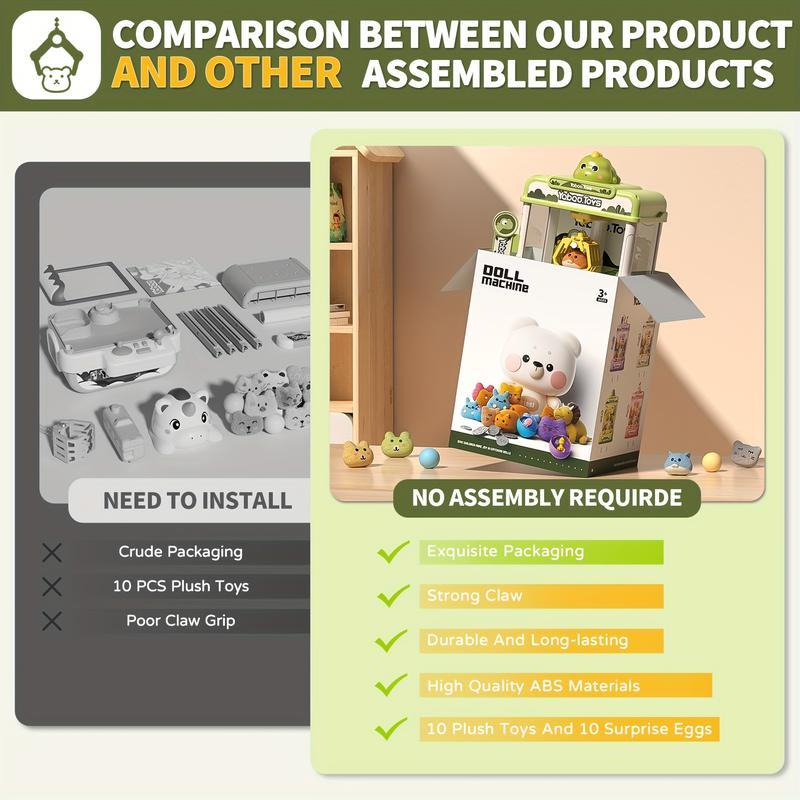 Dinosaur Claw Machine with Sound, Arcade Vending Machine, Grabber Prize Dispenser with 10 Plush & 10 Balls, Party Favors for Home Parties & Birthday Gifts Ages 3–9