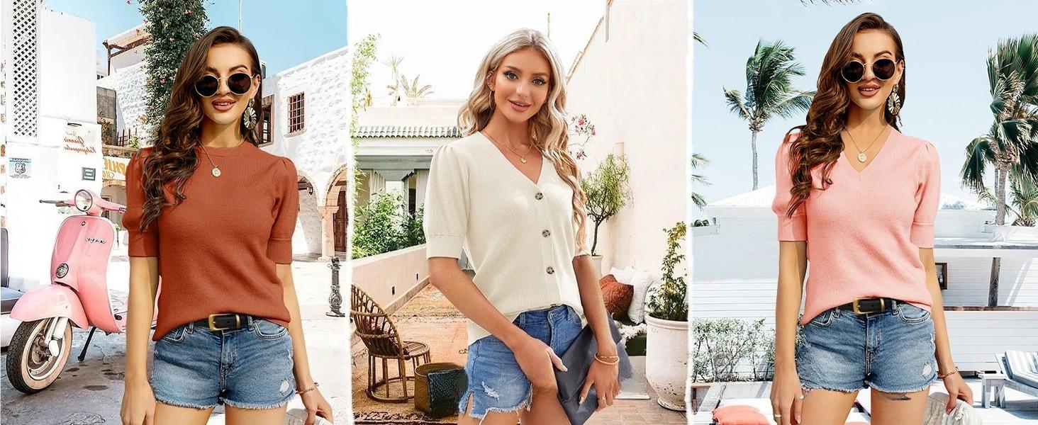 Saodimallsu Womens Puff Short Sleeve Sweater Casual Summer Crew Neck Pullover Tops Ribbed Knit Sweater Blouse SpringStatements