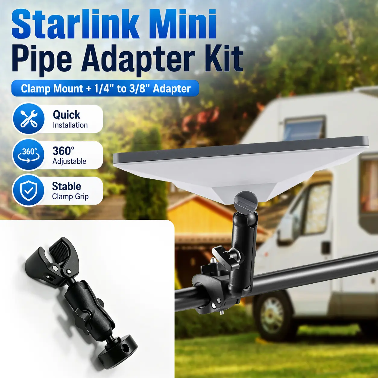 Starlink Mini Clamp Mount with Universal Pipe Adapter Bracket, 360° Adjustable Pole Mount (Model YL-ST0380) for RV, Camping