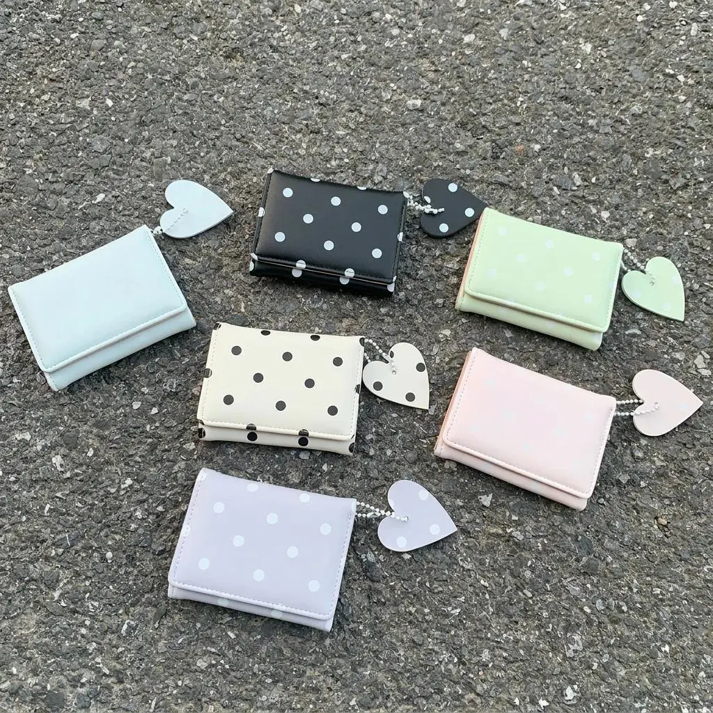 Women'S Bifold Wallet Sweet Card Holder Purse Key Hanging Pouch Pu Material Polka Dot Wallet For Everyday Use Outfit Matching