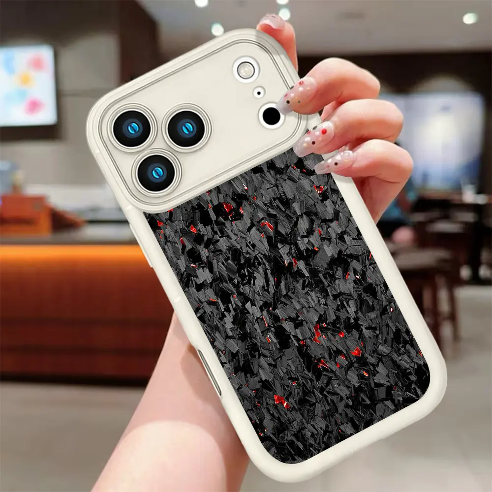Cool Forged Carbon Fiber Red Speckle Design Case for iPhone 17 16 15 14 Pro Max 13 12 11 XR XS Plus Air Slim Shockproof Protective Anti Drop TPU Cover