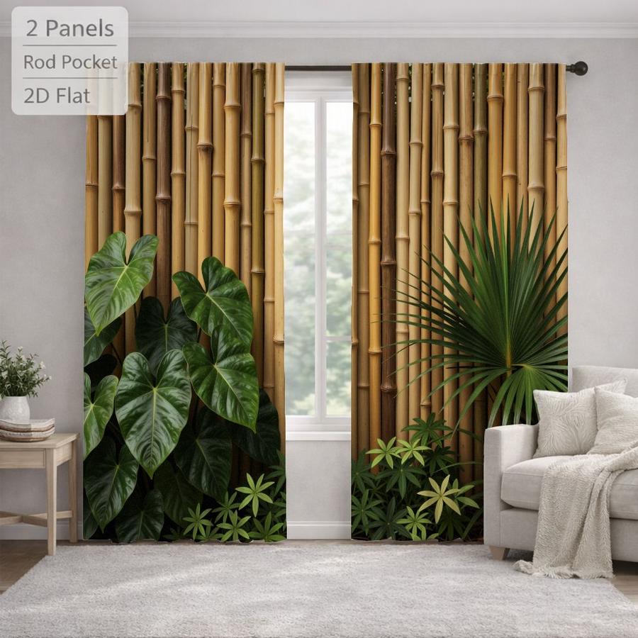 2Pcs Tropical Style Bamboo Leaves Pattern Sun Blocking Curtains Digital Printed Rod Pocket, Window Treatment For Bedroom Office Kitchen Living Room Study Home Decor