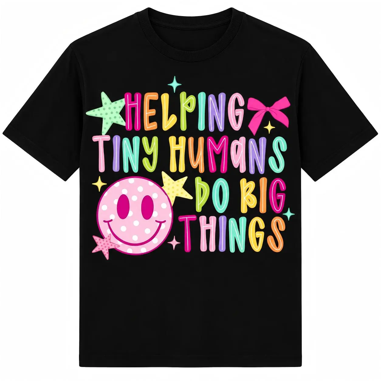 Comfort Colors Short-Sleeve Round Neck Teacher T-Shirt - Helping Tiny Humans Do Big Things Graphic Top, Neon Crayon Smiley Streetwear Back to School Sports Top