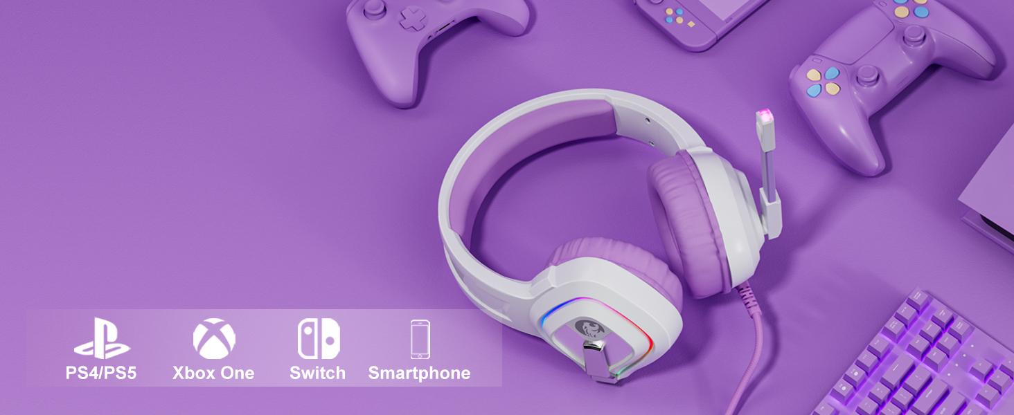 Purple Gaming Headset for PC, PS4, PS5, Xbox One, Xbox Series S/X, Switch, Noise Canceling Microphone, Stereo Surround Sound, 3.5mm Wired Gaming Headphones