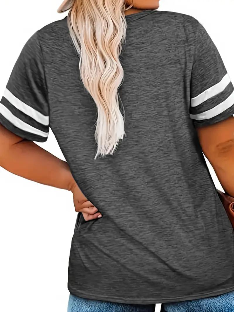 Plus Size Contrast Striped Print V Neck Tee, Casual Short Sleeve T-shirt for Summer, Women's Plus Clothing for Daily Wear, Cute Tops