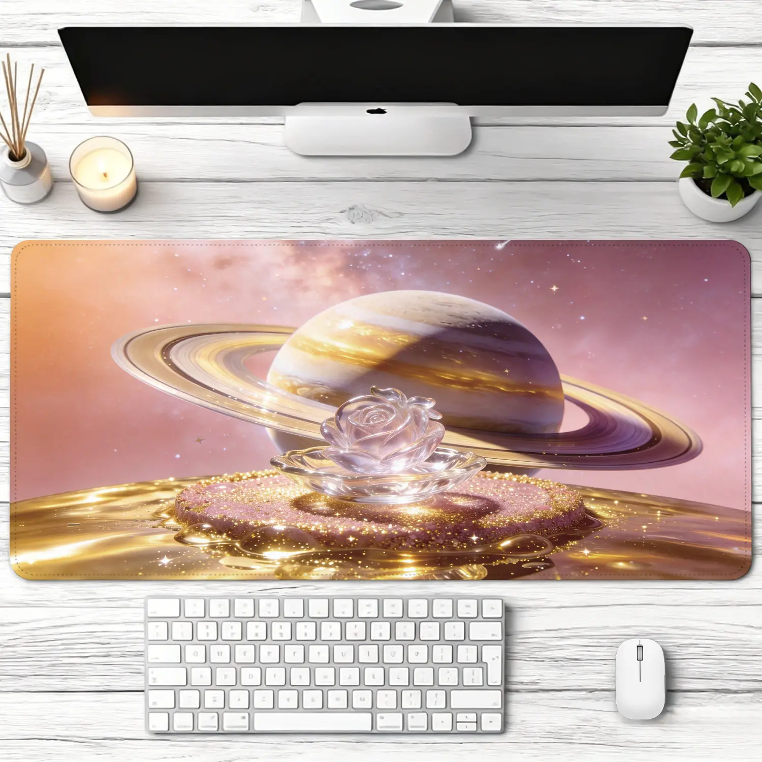 Extra Large celestial rose and Saturn planet art Mouse Pad,Non Slip Rubber Pad,Desktop Decoration Drotection Pad,Washable,Lock Edge Multi Size,Premium Multipurpose Mousepad For Office,Study Room,Gift for Family and Friends