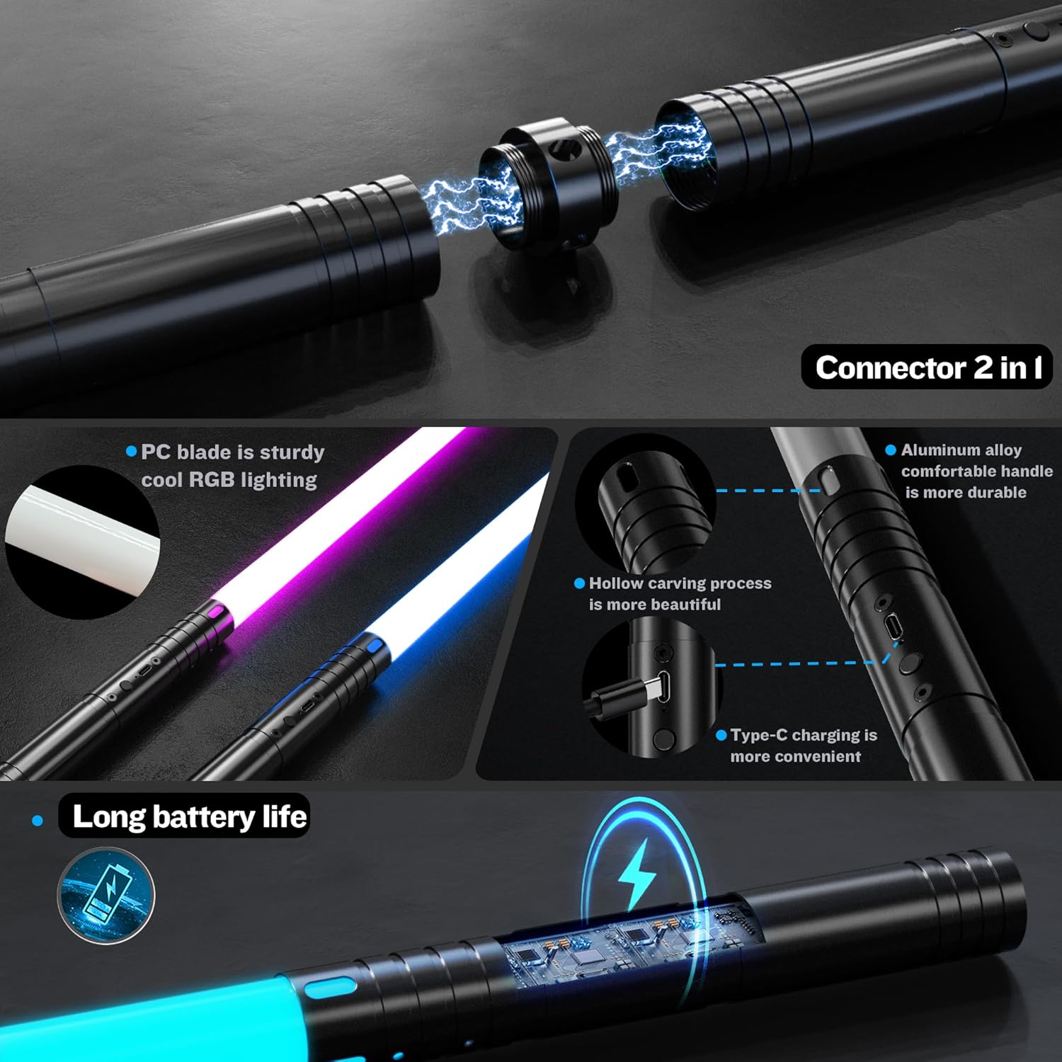 2-in-1 Double Bladed Laser Sword with Metal Hilt, RGB Colors & Sound Mode, Force FX Dueling Sword, Rechargeable Glow Sword for Cosplay, Glow in The Dark Party, Birthday & Holiday Gift for Him, lightsaber