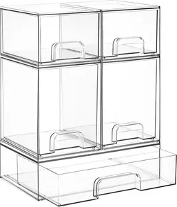 Stackable Storage Drawers Set of 5, Clear Plastic Organizer Bins for Baby Bottle, Beauty Supplies Storage, Ideal for Countertop, Vanity, Bathroom, Cabinet, Pantry Organization