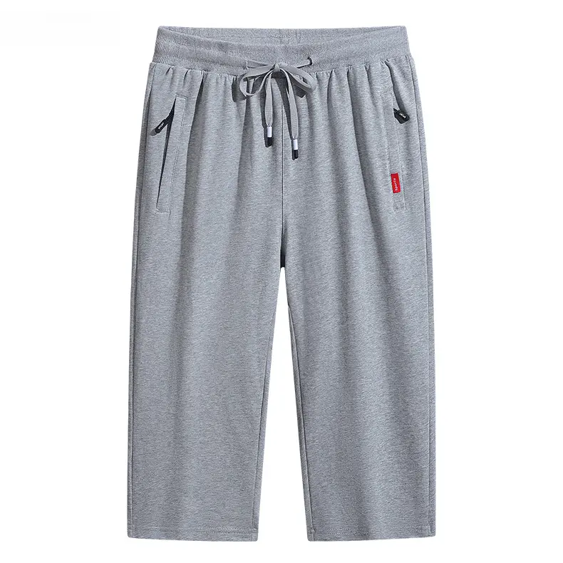 Men’s Elastic Drawstring Waist 7/8 Length Sweat Capri Pants, Zipper Side Pockets Red Tag Decor Loose Straight Cropped Sweatpants, Summer Casual Sports Seven-Point Trousers # SummerWins