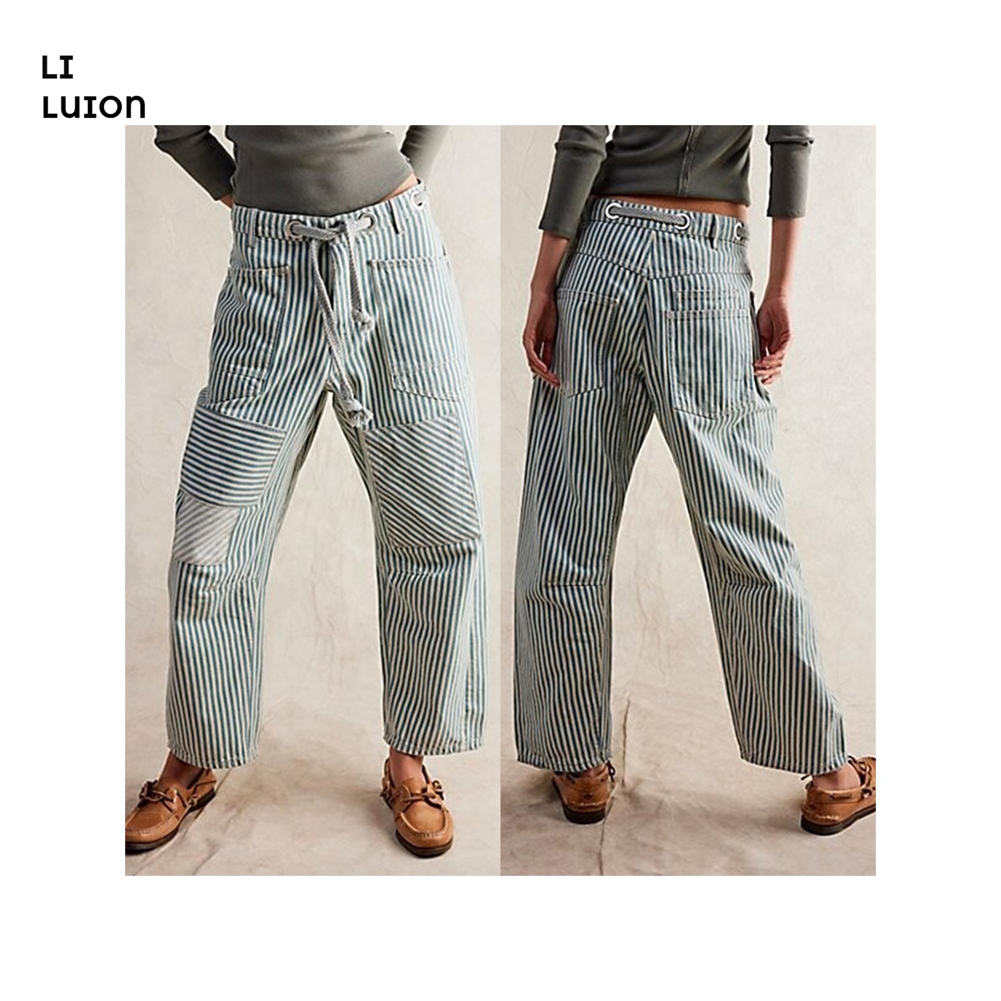 Women Striped Pants, Elastic Waist Drawstring Patchwork Wide Leg Pants Loose Trousers with Pockets