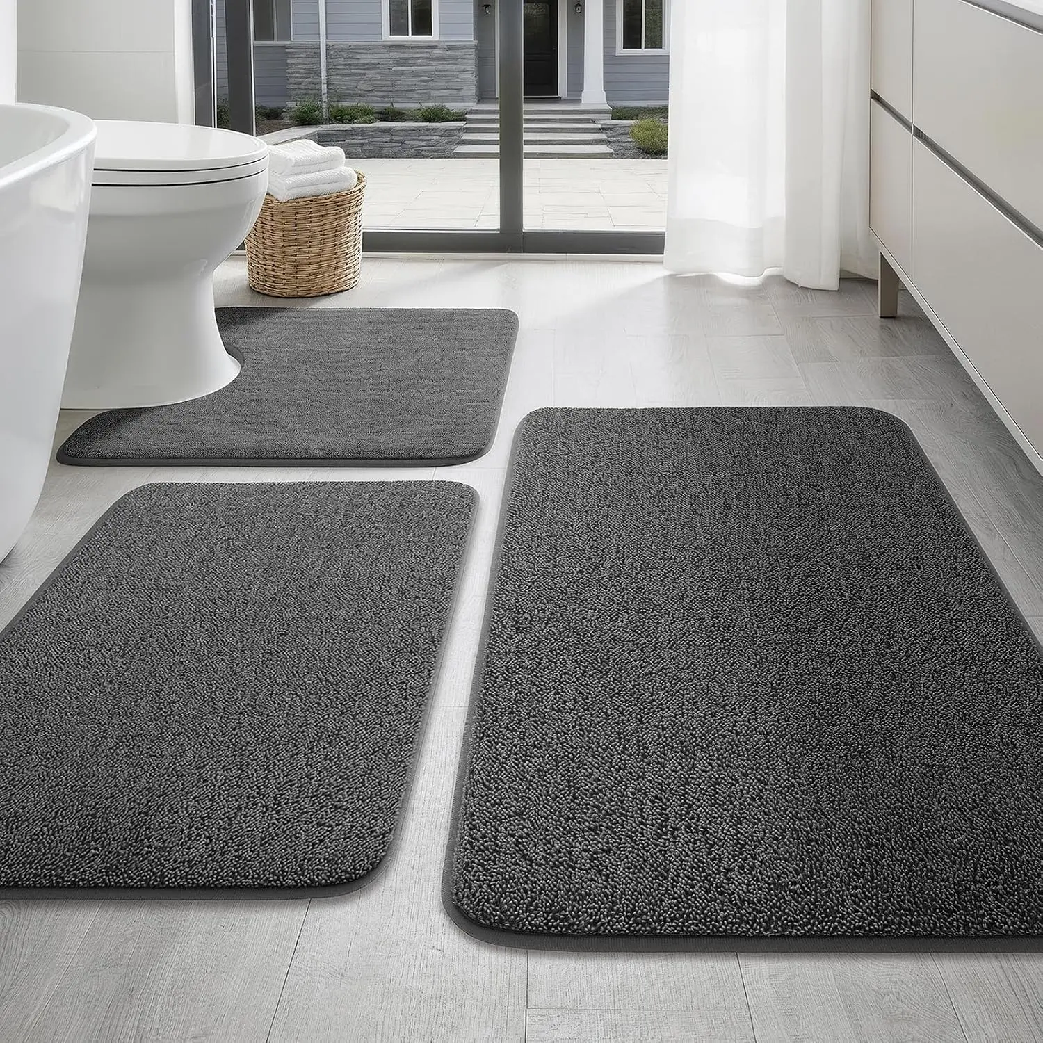 Memory Foam Bathroom Rugs Sets 3 Piece - Extra Thick Soft Towel-Like Absorbent Bath Mat Set, Non Slip Machine Washable Bath Rugs Carpet for Bath, Tub and Shower, Dark Grey