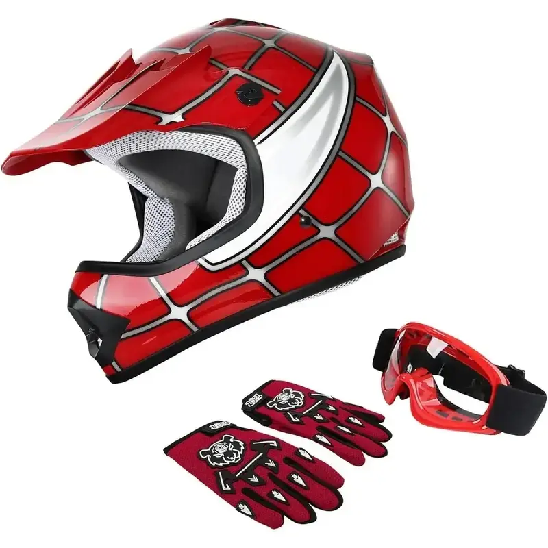 Youth Motocross ATV/Bike Helmet (Motocross Gear), ABS+EPS Construction, DOT Certified, Glossy Coat, Goggle Set, Includes Gloves, Red Spider Design, Multi-Size (S-XL)