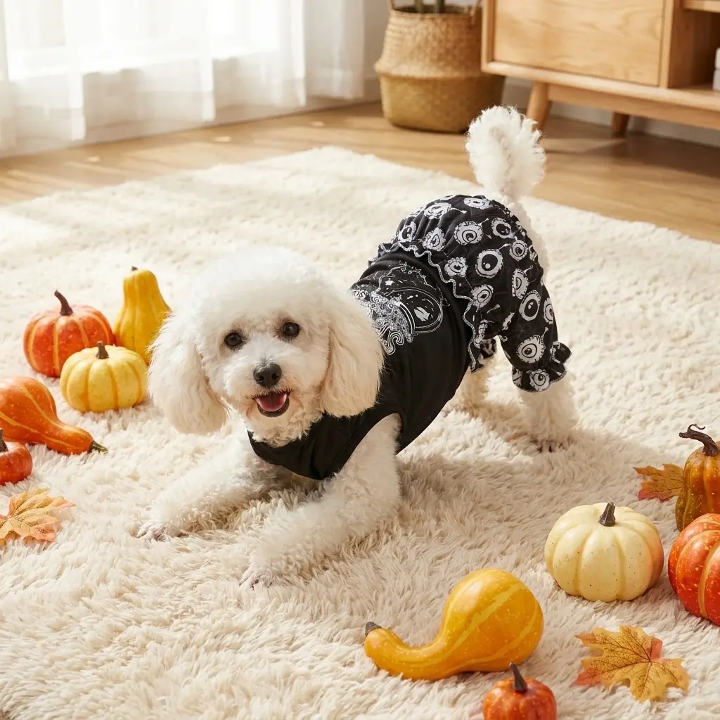Funny Halloween Spooky Season Pet Jumpsuit Dog Pajamas, Creepy Eyeball Spiderweb Print 4-Legged Clothes Onesie with Ruffles, Black Fall Apparel Cosplay Costume for Cats, Puppies, Small Medium Large Dogs All Breeds