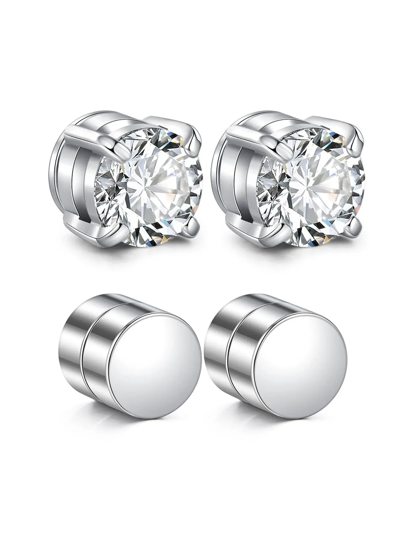 6mm Magnetic Stud Earrings - Non Piercing Fake Clip On Earring Stainless Steel Hypoallergenic Magnet Ear Rings for Men Women, Fashion Cubic Zirconia Design Silver/Black/Gold Styles Not Easy to Fall off, Cz Stud Earrings