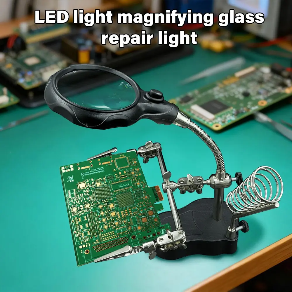 Repair Workbench with LED Light Strip, Magnifying Glass, Phone Board Holder, Soldering Clamp, Jewelry Repair Tool, 3.5x12 Magnification