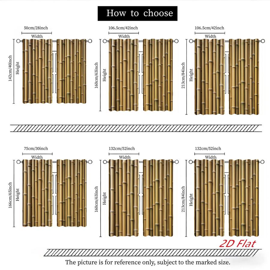 2Pcs Natural Style Bamboo Pattern Sun Blocking Curtains Digital Printed Rod Pocket, Window Treatment For Bedroom Office Kitchen Living Room Study Home Decor