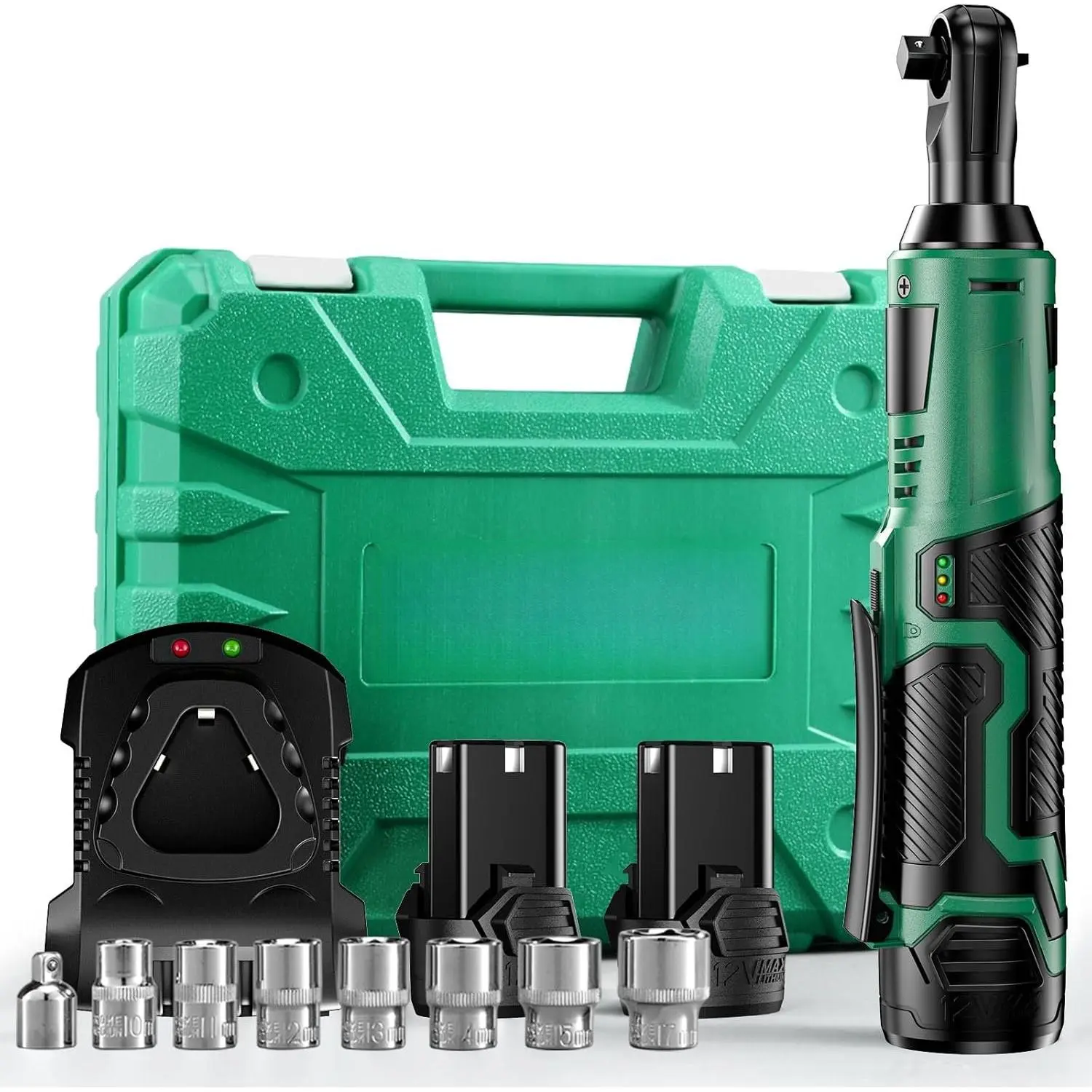 Cordless Electric Ratchet Wrench Set, 40Ft-lbs, 400RPM, 12V Cordless Ratchet Wrench 3/8" w/Variable Speed Trigger, 7Sockets, 1/4" Adapter, Forward/Reverse , 2Battery Power Ratchet w/Charger