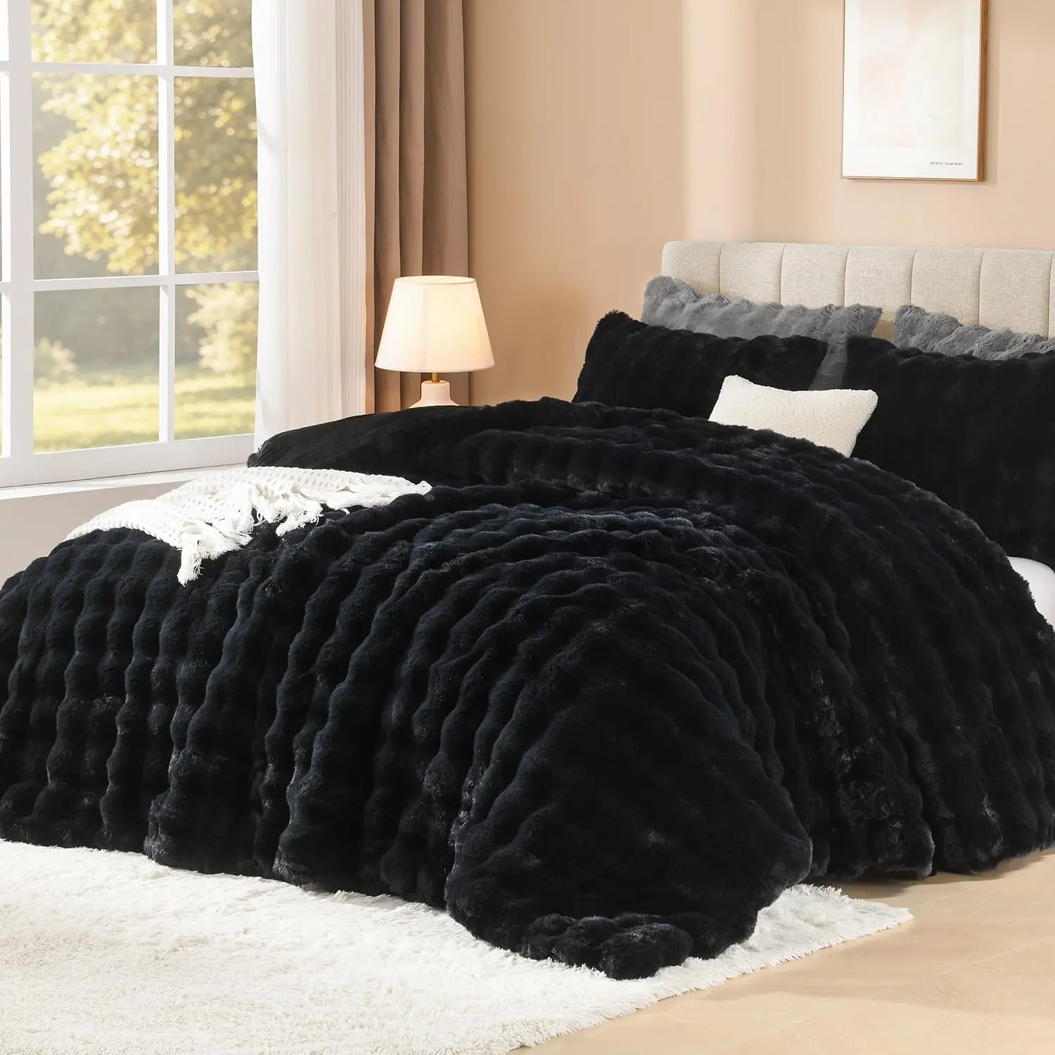Full Size Comforter Black, Faux   Bedding 3 count | Winter Bubble Marshmallow Plush Bedding Comforter Set, Warm Soft Thick Heavy Puffy Comforters Bed Set