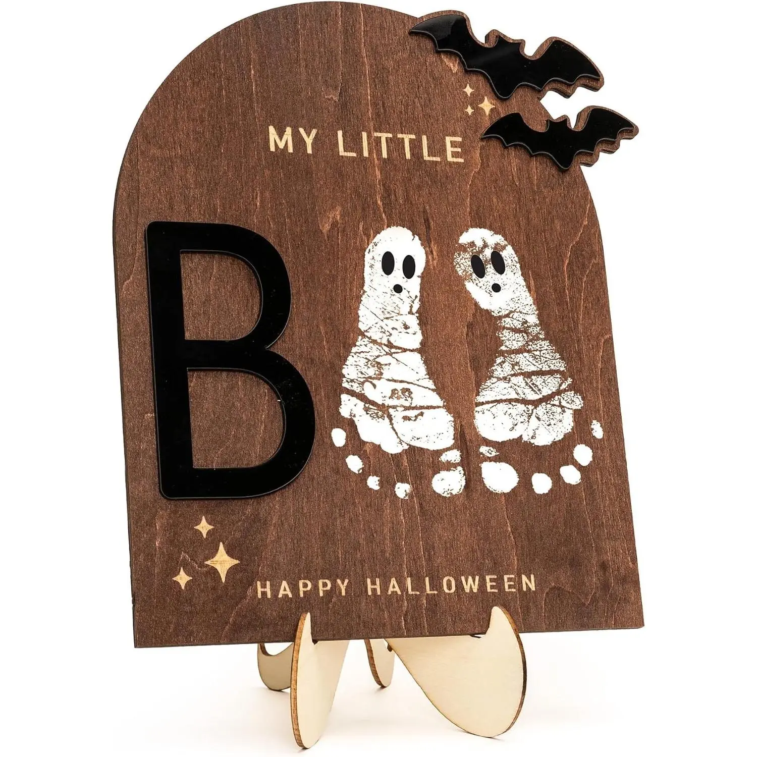 Wooden Halloween Sign – Baby Footprint Ghost Keepsake Plaque – Happy First Halloween Nursery Décor – Rustic Wooden Tabletop Sign for Newborn. Halloween baby