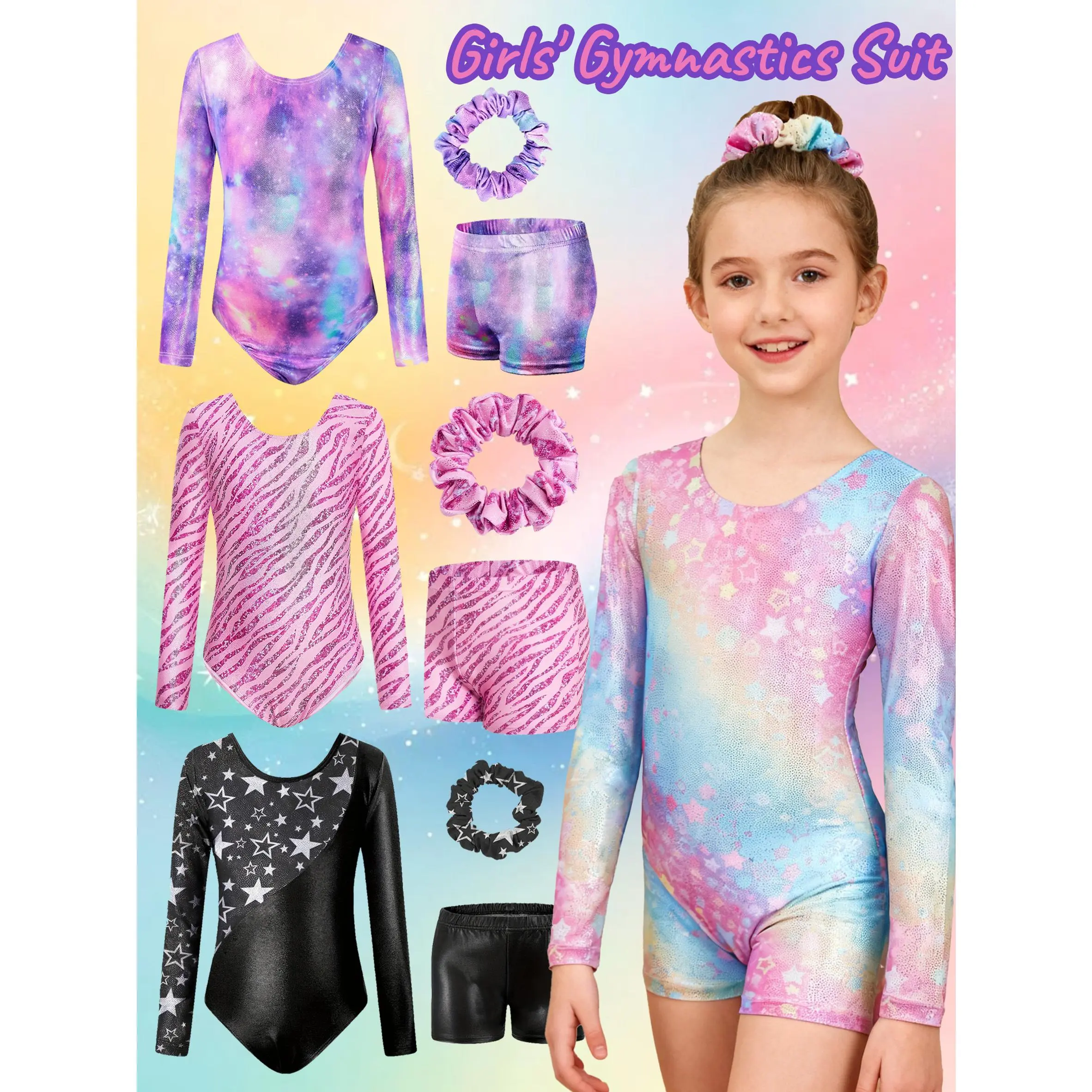 QYGirls' Gymnastics Leotard Set, Sparkly Gradient Color Long Sleeve Jumpsuit W/Matching Shorts & Hair Tie, for Age 3-12, Suitable for Dancing, Gymnastics, Training, Cycling, Girls Clothes, for Outdoor, Gymnastics Suit for Girls, Girls Gymnastics Outfit