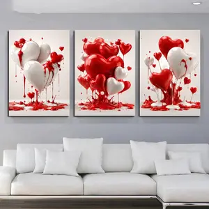 Red and White Heart Triptych Canvas Wall Art, Romantic Love Balloon Print Set, Modern Valentine Wall Decor for Bedroom Living Room Wedding Room Nursery, Available as Unframed Canvas Poster or Framed Canvas Wrap