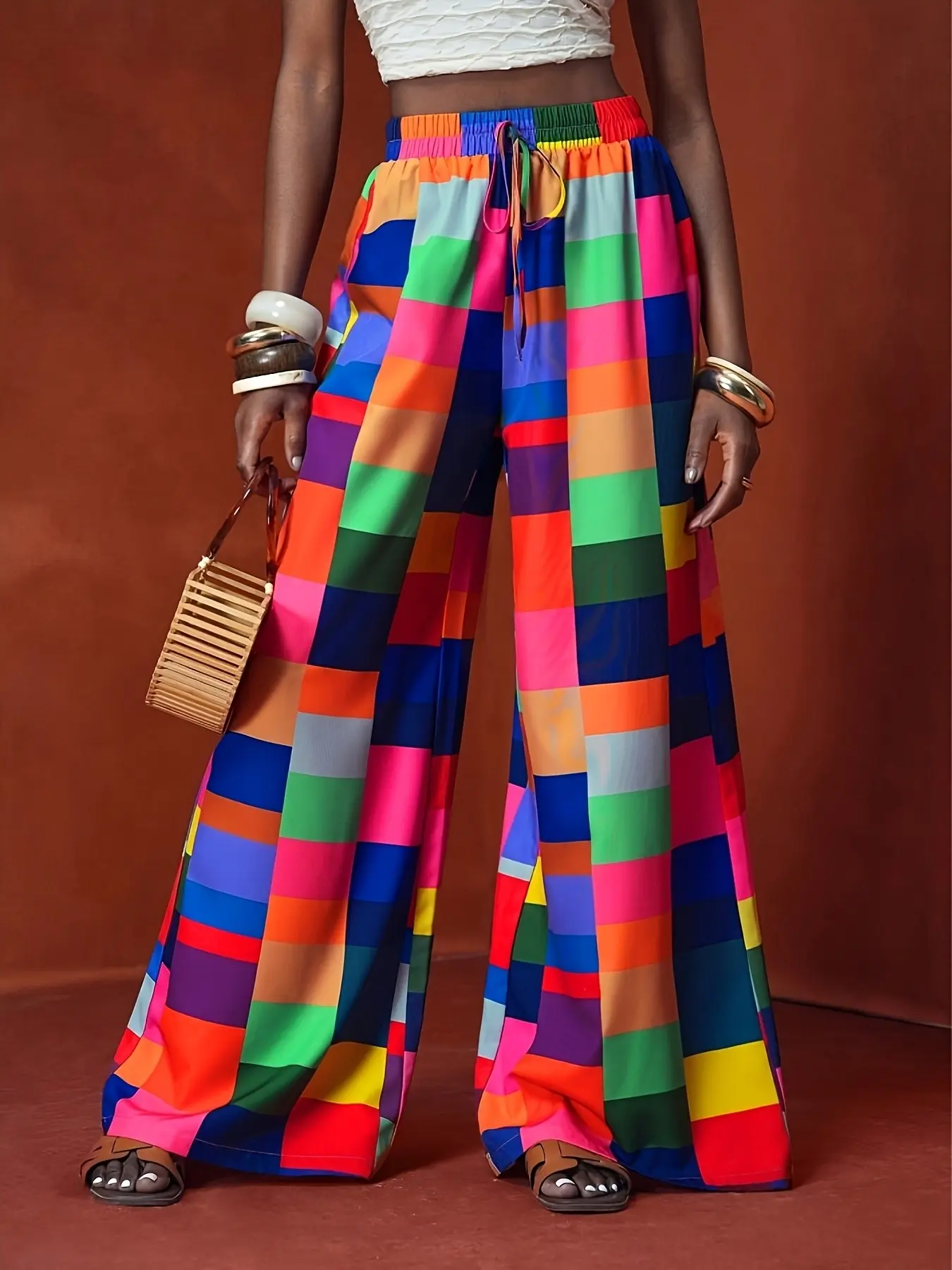 Summer Vacation Rainbow Color Block Wide Leg Pants, Elastic Drawstring High Waist Beach Outerwear, Casual Long Pants for Relaxing Days