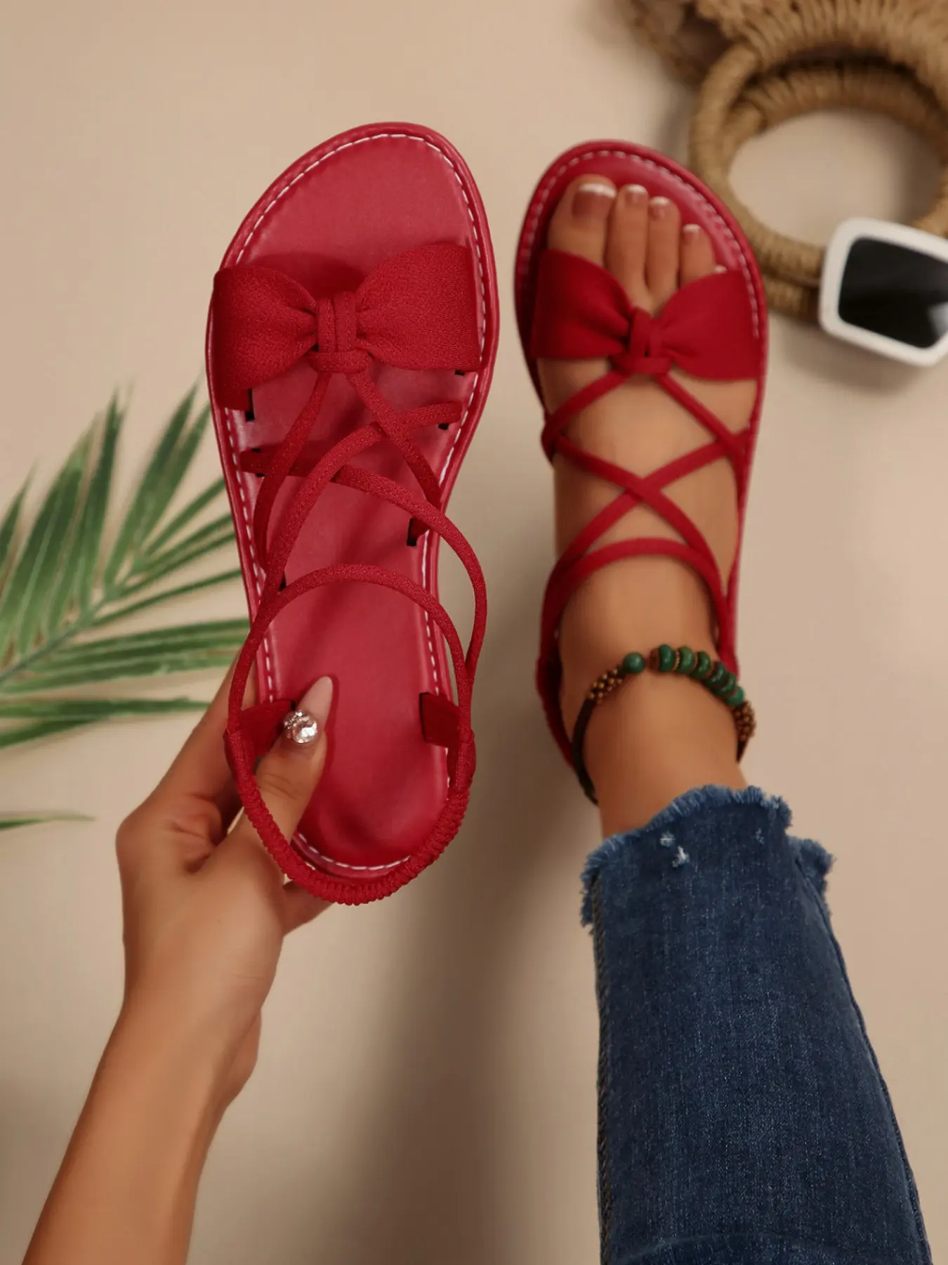 Women's Cross Strap Bow Sandals, Elastic Webbing Tie, Soft Rubber Sole, Casual Open Toe, Spring Summer Fashion
