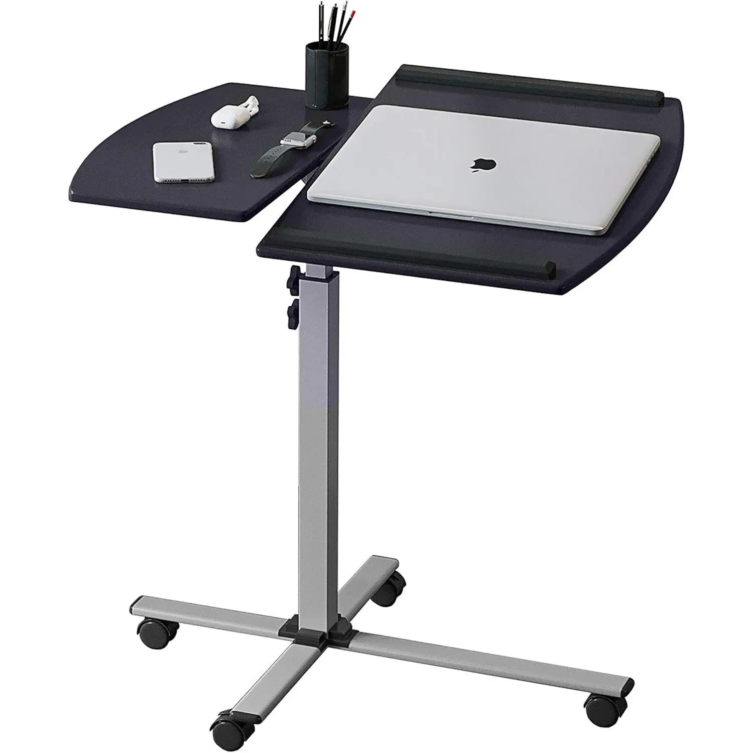 Adjustable Height Rolling Laptop Cart w/ Tilting Top Graphite | Adjustable height rolling laptop cart with tilting desktop, wheels, storage space, ideal for sit‑stand, podium, or office use