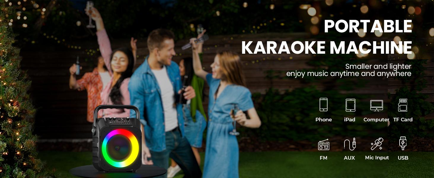 Karaoke Machine with Two Wireless Microphones, Portable Karaoke Machine for Adults & Kids, Portable Bluetooth Speaker with PA System, LED Lights, Supports TF Card/USB, AUX in, FM, USB,TWS (Black)-