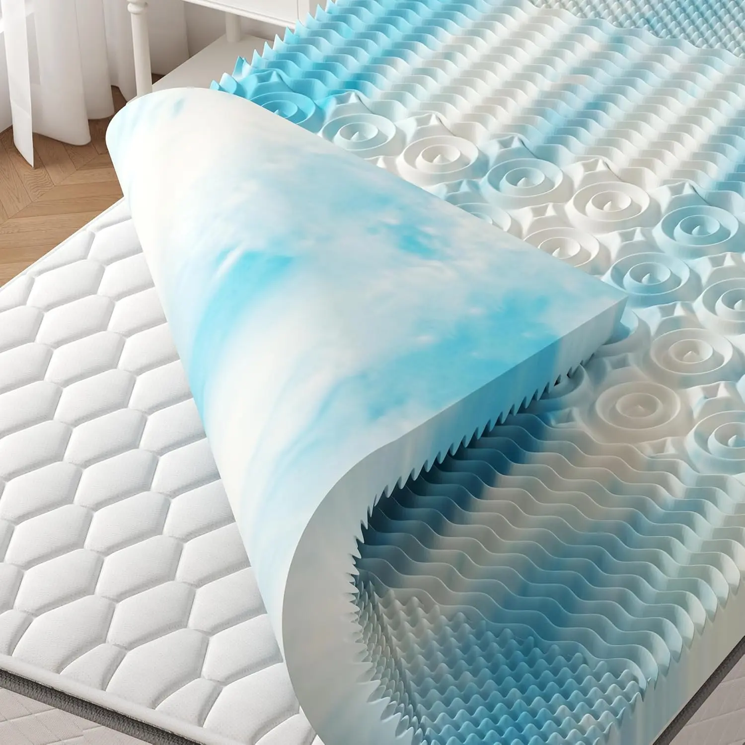 2/3/4 Inch Twin Cooling Gel Mattress Topper, 5-Zone Pressure Relief Soft Bed Pad, Relieves Back & Hip Pain, Suitable for Dorm RV Camping, Blue
