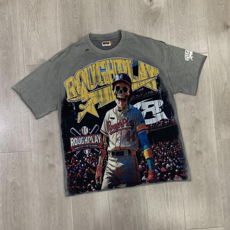 Vintage Washed Roughplay T-Shirt, Heavyweight White Ink Jesus Skull Print, Retro Rockabilly Bling Diamond Patchwork, American Hip Hop Unisex Streetwear Short Sleeve Cotton Tee