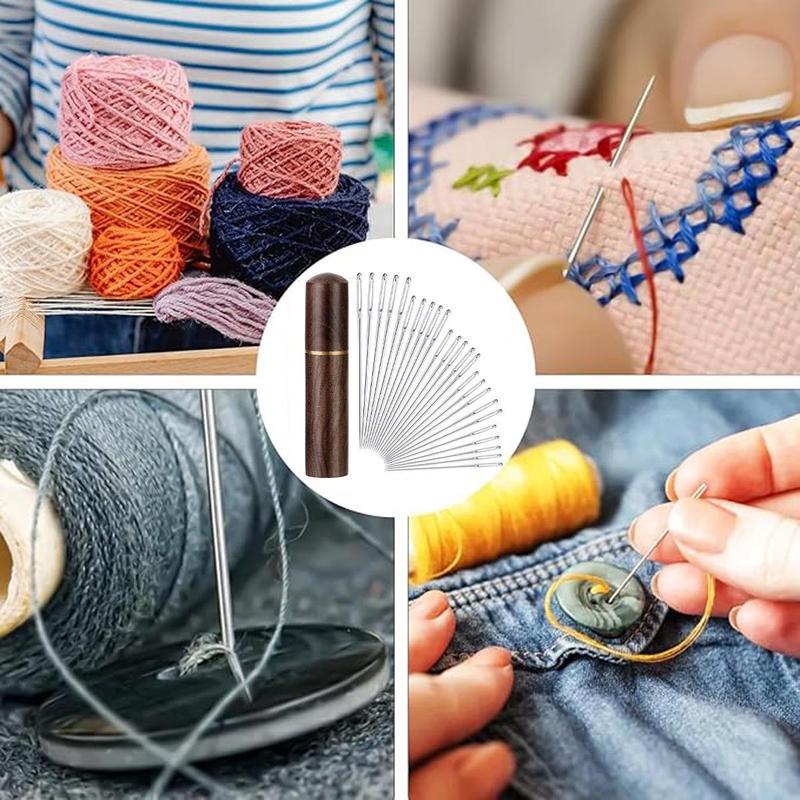 30 Pcs Self Threading Sewing Needles, Side Threading Hand Sewing Needles, Easy Thread Needles for for Knitting Mending DIY Embroidery Sewing, with Wooden Needle Case