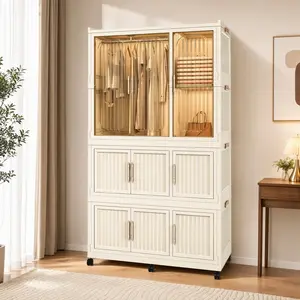 ARCH Portable Wardrobe Closet Storage Organizer with 9 Magnetic Doors, 9 Cubes & Hanging Rod, 6 Hangers, Cream White Polypropylene Armoire for Bedroom, Nursery, Primary Living Space, 36.22"D x 17.72"W x 62.2"H, Cream White Color Options