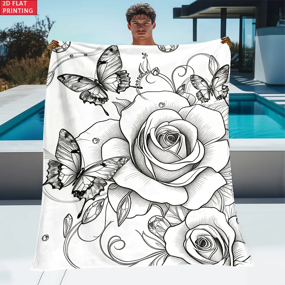 Vintage Realistic Floral Butterfly Line Drawing Flannel Throw Blanket All Season Soft Flannel Fleece Nap Blanket Adult Stress Relief Coloring Blanket Aesthetic Black White Home Decor Gift For Women