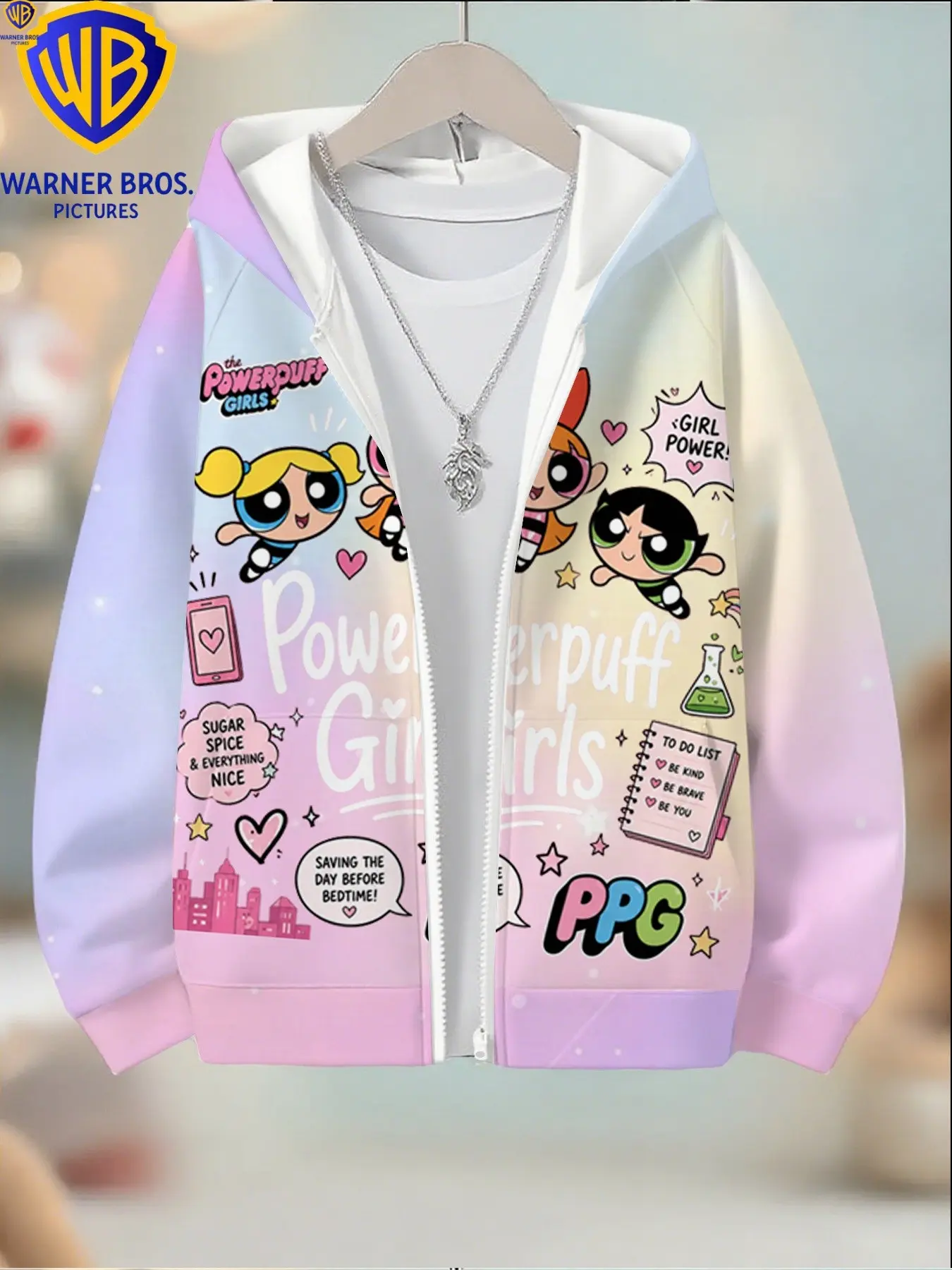 Warner Bros Official Girl's the Powerpuff Girls Hoodie, Maroon Gradient Full-Print Cartoon Character Long Sleeve Zipper Jacket, Perfect for Christmas Halloween Birthday Gifts, Kids Outdoor Casual Wear