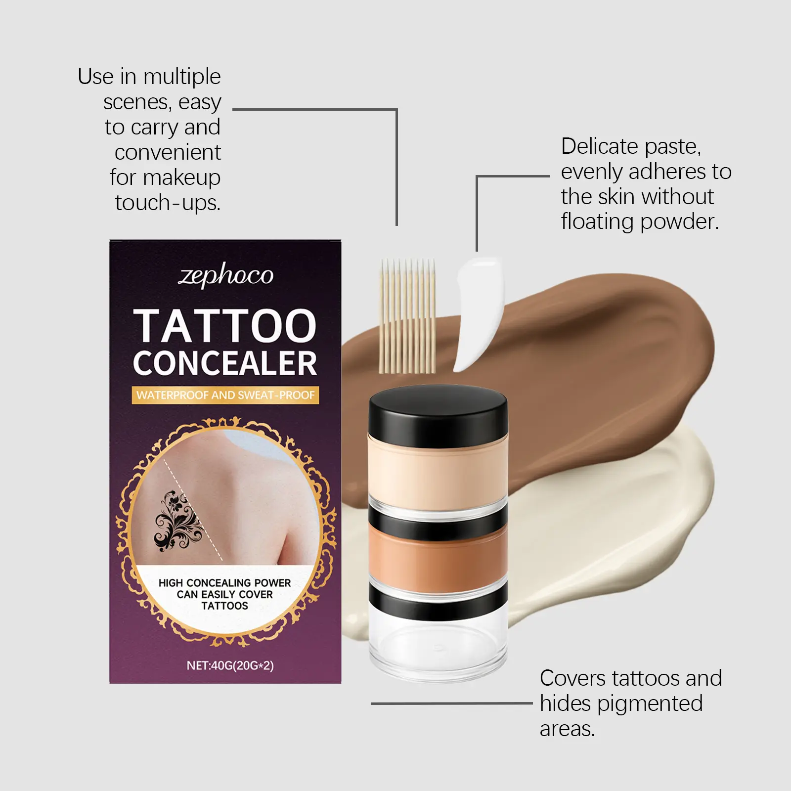 Zephoco Soft Matte Tattoo Concealer Cream Set - Cosmetic with Setting Powder, Water-Proof Foundation, Lightweight, Smooth, Hydrating Daily Coverage for Tattoos & Scars