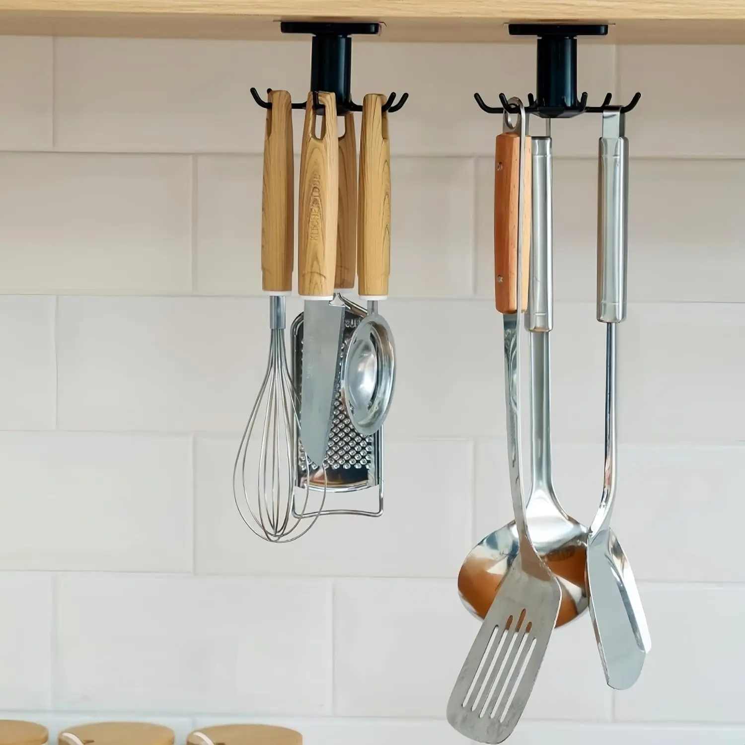2 count 360 Rotating Under Cabinet Hooks,  Free Adhesive Utility Hooks, Plastic RV Kitchen Storage Hangers for Utensils, Towels & Tools (Black)