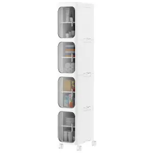 4-Tier White Slim Narrow Rolling Storage Cabinet Tall Bathroom Organizer with Adjustable Shelves for Small Space Laundry Kitchen Cutlery Tableware