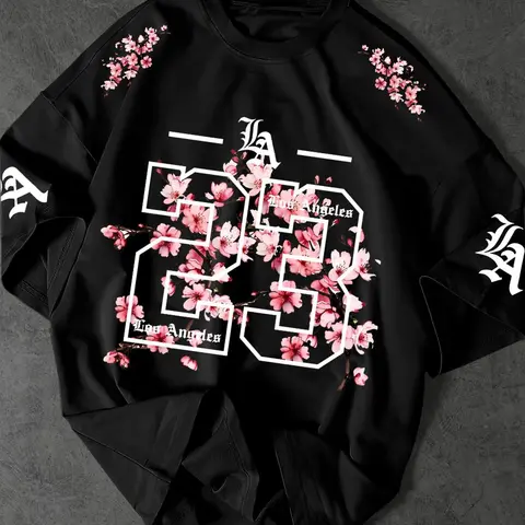 Unisex Los Angeles 23 Gothic Cherry Blossom Print Casual Oversized T-Shirt, Y2K Streetwear Top