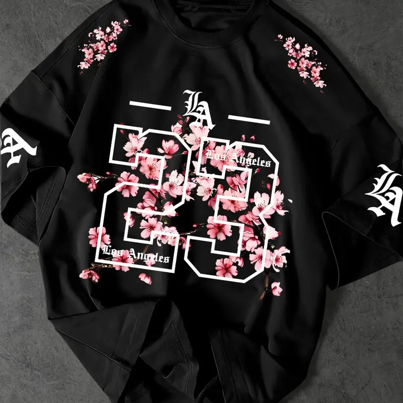 Unisex Los Angeles 23 Gothic Cherry Blossom Print Casual Oversized T-Shirt, Y2K Streetwear Top