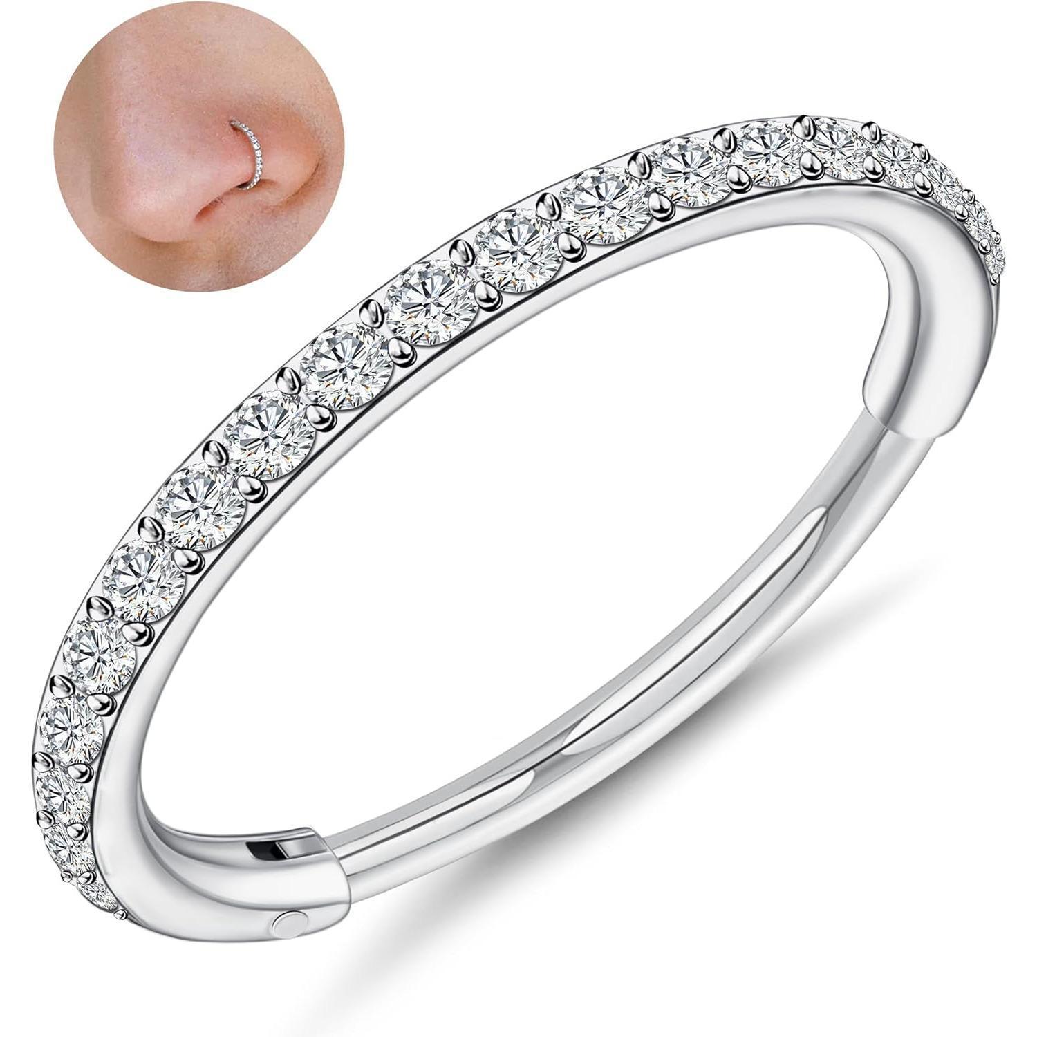 Cassieca 1 Count G23 Titanium Nose Rings Hoops Conch Piercing Jewelry 16G 18G 20G Hinged Segment CZ Paved Clicker Rings for Septum Cartilage Daith Helix Rook Tragus Ear Lobe Earrings for Women Men 6mm/8mm/10mm Daily