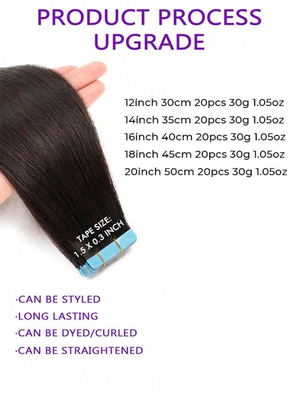 20 Piece 30g Remy Human Hair Tape-In Extensions, Seamless, 12-20 Inches, /, Straight/curly, Women's Beauty & Personal Care