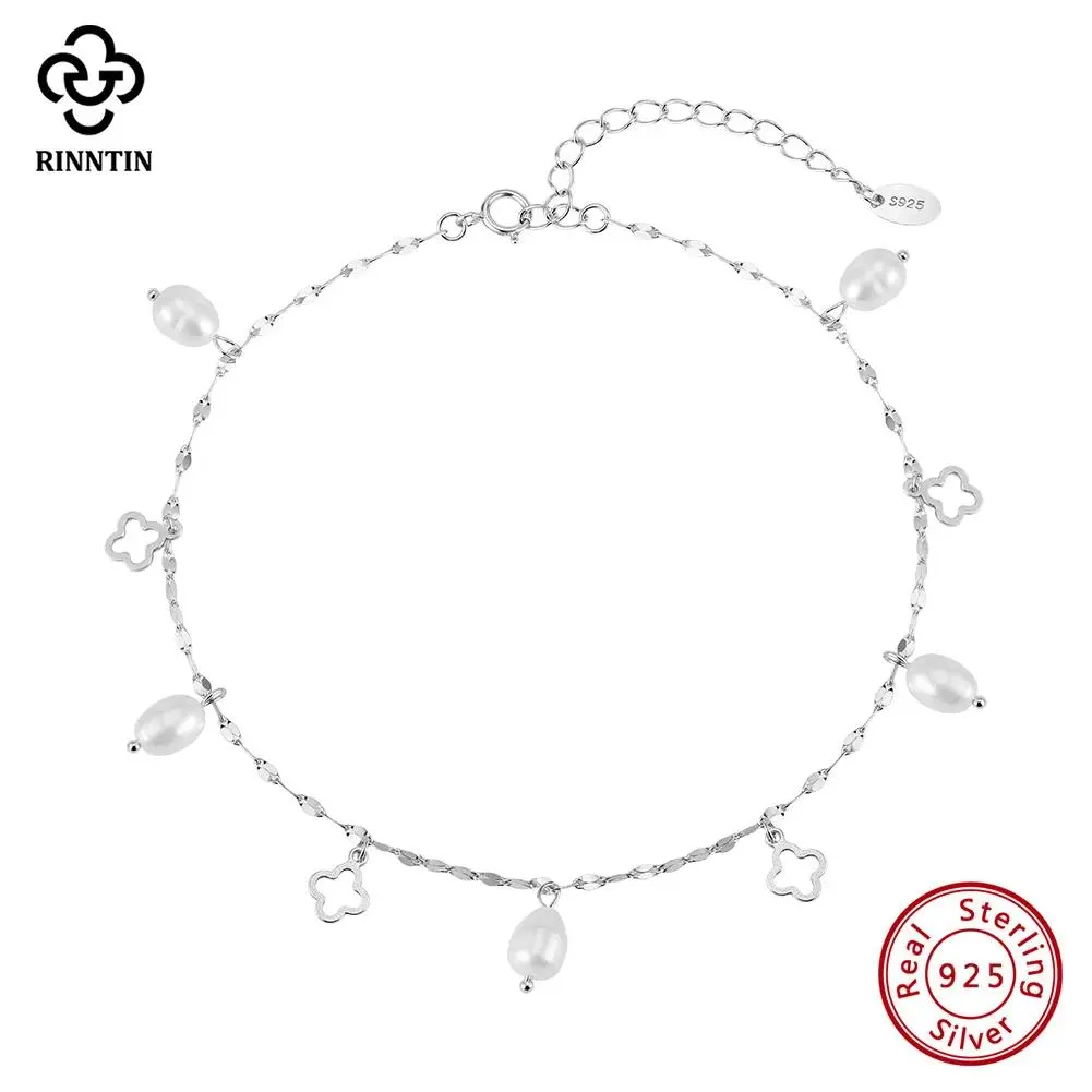 Rinntin Genuine 925 Sterling Silver Chain Anklets with Pearl and Clover for Women Summer Fashion Ankle Bracelets Jewelry SA105