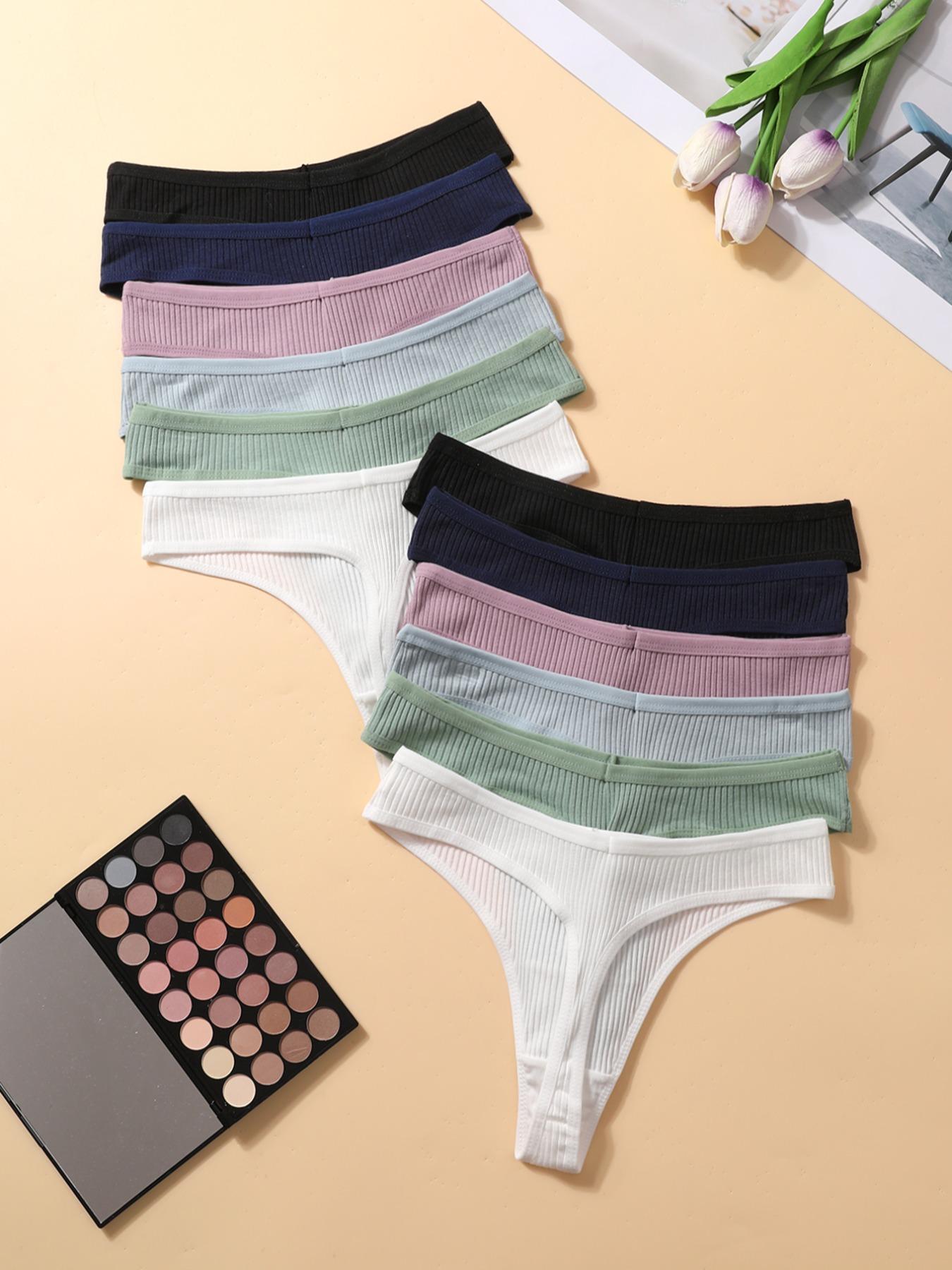 Women's 12pcs Solid Drop Waist Thong, Soft Comfy Breathable Knicker for Daily Wear, Ribbed Panty Underwear for All Seasons