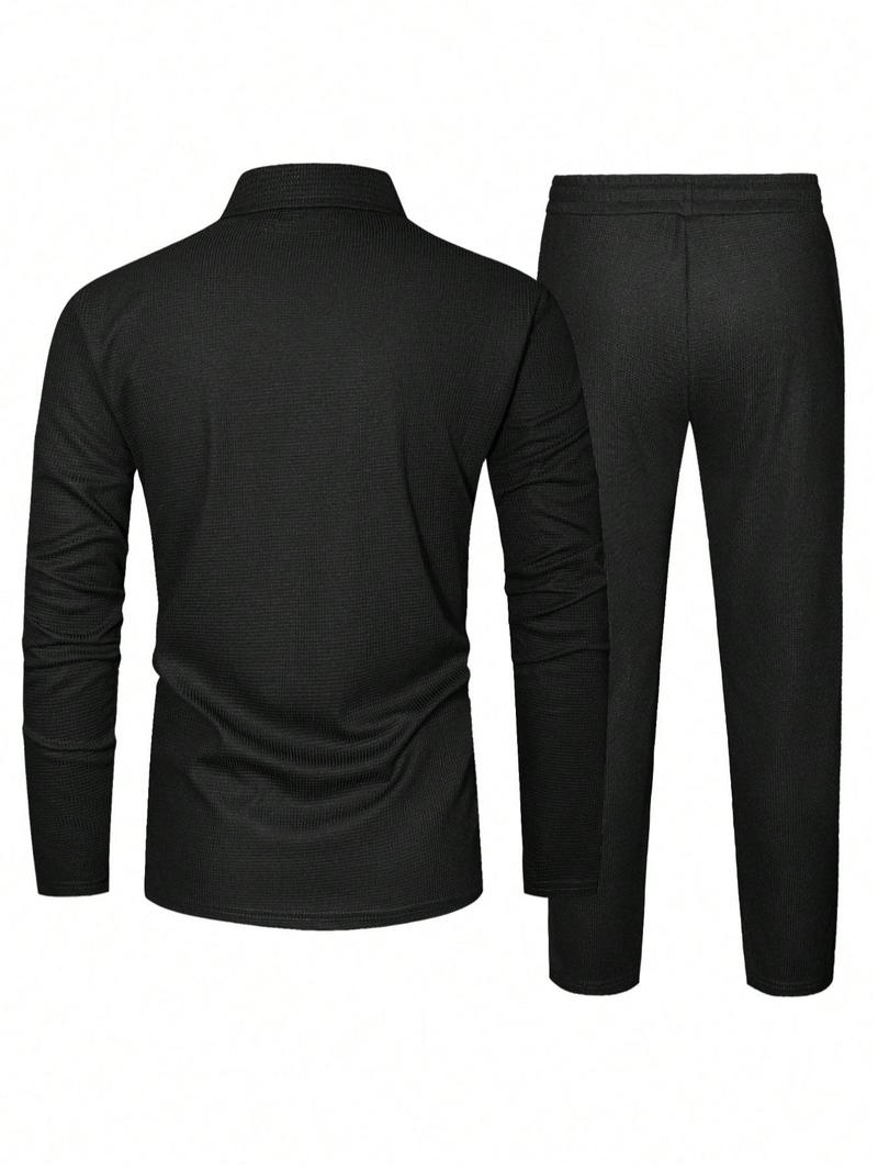 Men's Solid Color Zip Polo Shirt and Drawstring Waist Pants Set, Stylish Long Sleeve Top with Practical Pocket Design for Casual Sports