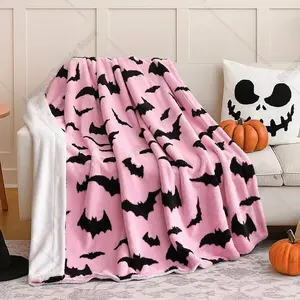 Halloween Bat Double Sided Sherpa Flannel Blanket Soft Warm Throw Plush Blanket Cute Pastel Halloween Aesthetic Cozy Bedroom Couch Nap Blanket Giftable Girly Spooky Fall Decor Blanket For Room Party Day Gift Popular Home Blanket