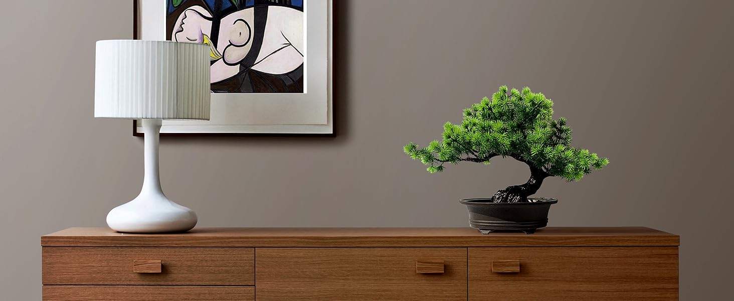 Artificial Bonsai Tree Fake Plants for Home Decor, Living Room Bathroom Bookshelf Entryway Table Wall Shelf Modern Farmhouse Decor, 9.5" Tall, Green