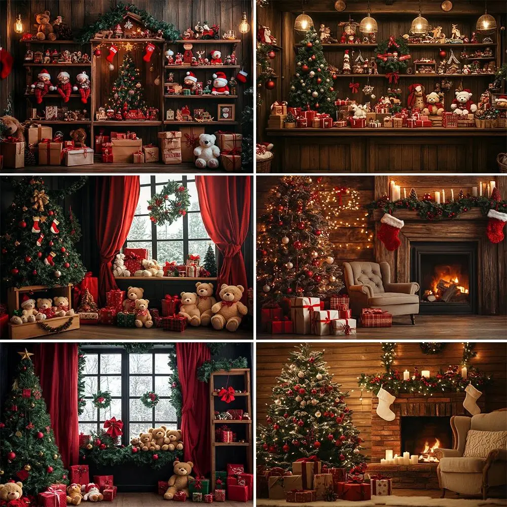 Lightweight Christmas Santa Claus Workshop Backdrop Kit, Wooden Window-Themed Photography Backdrop with Christmas Tree, Gift & Clock Decor, Hanging Banners for Kids' Winter Birthday Photo Studio (Home & Festive Party Supplies)